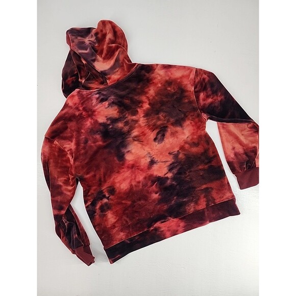 Velvet Velour Tie Dye Rust Red Pullover Hoodie Y2K Party Rave | Size Small - Picture 6 of 6